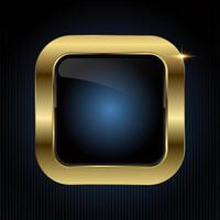 A Luxury square button features a glossy black center with a radiant blue glow, encased in a smooth gold frame, illustration button design vector