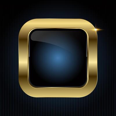 A Luxury square button features a glossy black center with a radiant blue glow, encased in a smooth gold frame, illustration button design