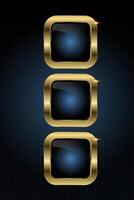 Group of three Luxury square button features a glossy black center with a radiant blue glow, encased in a smooth gold frame, illustration button design vector