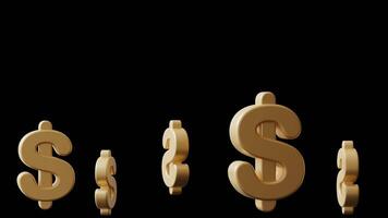 Golden dollar signs rotate smoothly against transparent background. The animation includes various sizes of dollar signs, providing a dynamic visual effect with an animated footer. Alpha channel. video