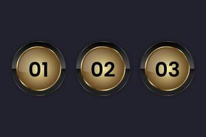 Three Luxury circle buttons on dark background used for web UI design, Set of three dark premium High level buttons for Infographic process, illustration vector