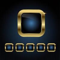 Group of Luxury square buttons chart features a glossy black center with a radiant blue glow, encased in a smooth gold frame, illustration button design vector