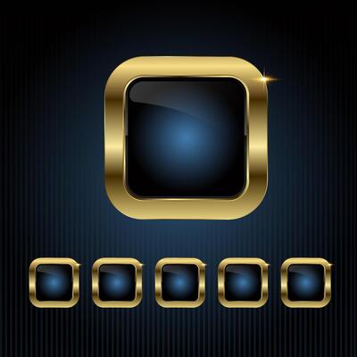 Group of Luxury square buttons chart features a glossy black center with a radiant blue glow, encased in a smooth gold frame, illustration button design