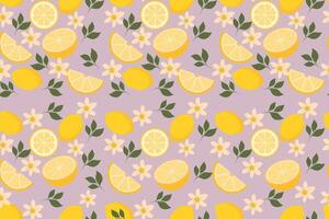 Lemon pattern with citrus fruits, flowers, and green leaves on soft purple background illustration vector