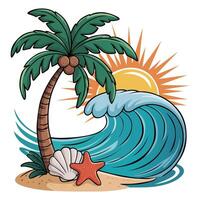 palm trees frame a serene beach scene with a vibrant sunset over calm ocean wave vector