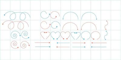 School notebook in a box with painted icons. Insoles and pointers painted in a school notebook. Hand-drawn icons on a mesh background. vector