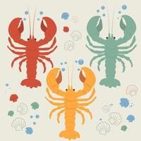 Set of illustrations of colorful crayfish under water. Large stickers of crayfish in red, yellow and green with air bubbles vector