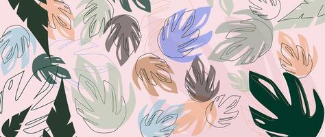 Abstract background image colorful palm leaves and botanical background. Wallpaper in light tropical forest colors with monstera leaves, palm leaves, branches in hand drawn pattern. vector