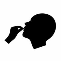 icon taking medicine pills. Head with open mouth and hand holding a circular pill. Isolated on a white background. vector