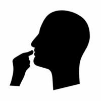 Silhouette of an icon taking medicine pills. Head with open mouth and hand holding a circular pill. Isolated on a white background. illustration vector