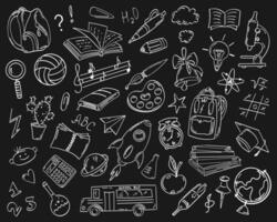 Set of drawings on the theme of education in the sketch style. Chalk shaded text back to school, globe, microscope, pens, pencils, bell, school bus, rocket, calculator, backpack and other stationery vector