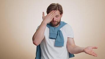 Man raising hands asking what why reason of failure, anti lifehacks ridicules, disbelief, irritation video