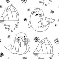 Coloring book. Cute seamless pattern with arctic seal and walrus. Illustration in doodle style. vector