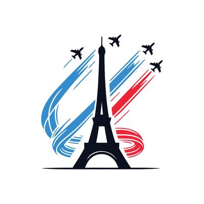 Eiffel Tower Silhouette with Airplanes and French Flag Colors Illustration Paris Landmark with Blue White Red Trails for Bastille Day Celebration Travel France Design Element Icon