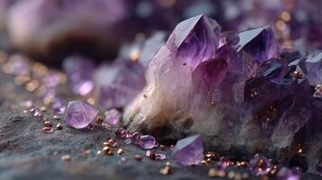 Detailed close-up of amethyst crystals with golden flecks in natural light at an indoor display setting photo