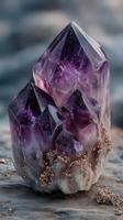 Stunning amethyst crystal cluster with sharp formations and a sparkling quartz base found in a natural landscape photo