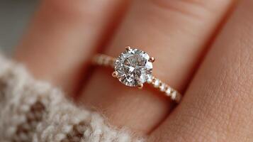 Elegant diamond engagement ring with rose gold band held by hand in soft lighting photo