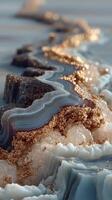 Striking abstract landscape showcasing layers of agate and shimmering gold accents in fluid design photo