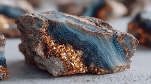 Unique geode with blue agate layers and golden crystals showcased on a textured surface photo