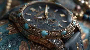 Luxurious vintage watch resting on ornate fabric with intricate details captured in high resolution photo