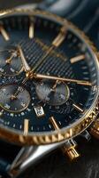Elegant close-up of a luxury watch with intricate design and gold accents photo