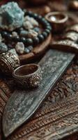 Intricate silver rings and decorative sword on a wooden surface featuring crystals and beads photo