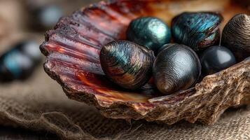 Unique arrangement of black pearls and shells showcased on natural fabric background photo