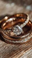 Elegant diamond engagement and wedding rings displayed on a rustic wooden surface in soft natural light during a serene afternoon photo