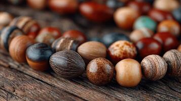 Colorful handmade beads displayed on rustic wooden surface for crafting and jewelry making photo
