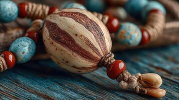 Handcrafted artisan beads displayed on a rustic wooden surface in natural light showcasing intricate designs and textures photo