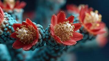 Vibrant flowering plant showcasing red blooms with intricate details in a close-up view against a cool-toned background photo