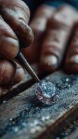 Craftsmanship shines through as skilled artisan meticulously shapes a diamond in a workshop photo