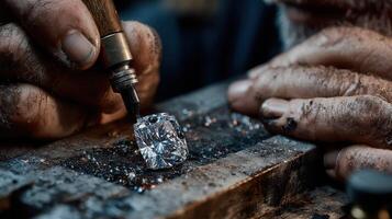 Crafting a sparkling diamond in a workshop with skilled hands during evening hours photo
