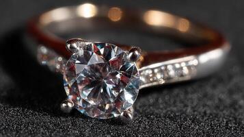 Stunning diamond engagement ring captured in intricate detail on dark surface photo