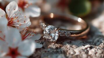 Engagement ring adorned with sparkling diamonds surrounded by delicate flowers in natural setting photo