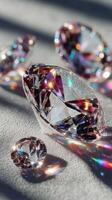Sparkling crystals reflecting light on textured surface create a captivating display of colors in an artistic arrangement photo