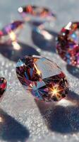 Sparkling crystals reflect vibrant colors under soft light on a textured surface photo