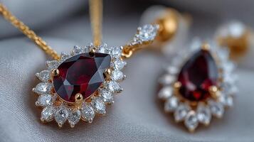Elegant ruby and diamond jewelry set displayed on soft fabric background showcasing intricate design photo