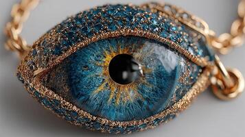 Intricate jewelry design featuring a vivid blue eye with gemstone detailing on a gold necklace chain photo