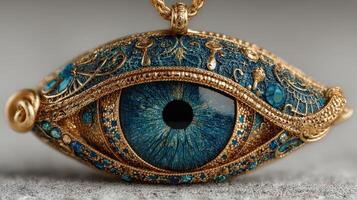 Intricate golden pendant designed as a stunning blue eye with detailed embellishments photo