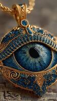 Intricate blue eye pendant crafted in gold with detailed embellishments and sparkling gemstones displayed on a textured background photo