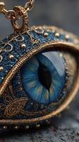 Intricate handmade pendant featuring a realistic blue eye design on a textured background photo