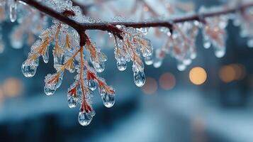 Branches of a tree glisten with ice droplets in a winter setting during early morning light photo