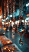 Beautiful blue gemstone jewelry hangs in vibrant market evening lights in a bustling bazaar photo