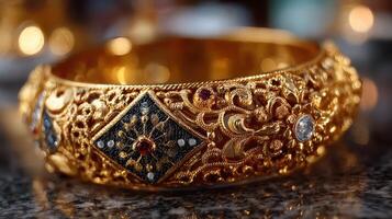 Exquisite gold bracelet with intricate design showcased on a reflective surface photo