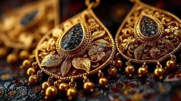 Exquisite gold earrings with intricate designs displayed on a dark background during a cultural festival celebration photo