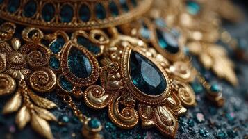 Intricate gold jewelry with green gemstones displayed on a textured surface during a festive celebration photo