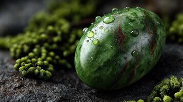 Beautiful green stone with water droplets resting on a rocky surface surrounded by moss photo