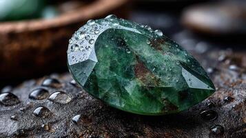 Stunning polished jade stone resting on a textured surface with water droplets for added effect photo