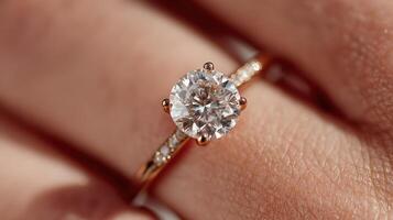 Close-up view of an elegant diamond engagement ring on a hand with soft skin tones in natural lighting photo